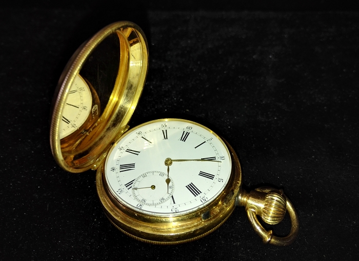唯一無二-19世紀中期スイス製造双時刻週間万年暦18K金無垢懐中時計 